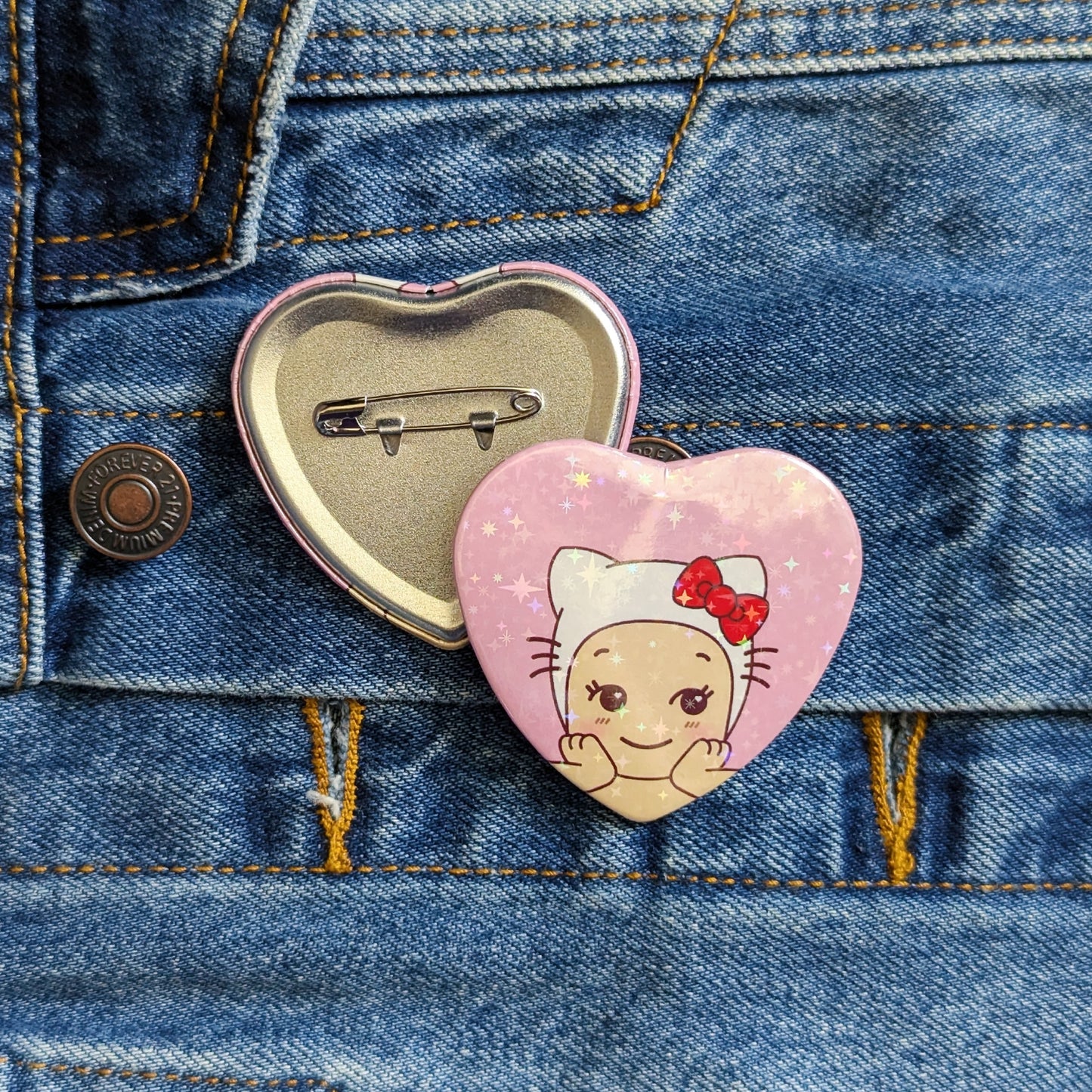 Kawaii Kitty Baby Sparkle Heart Button