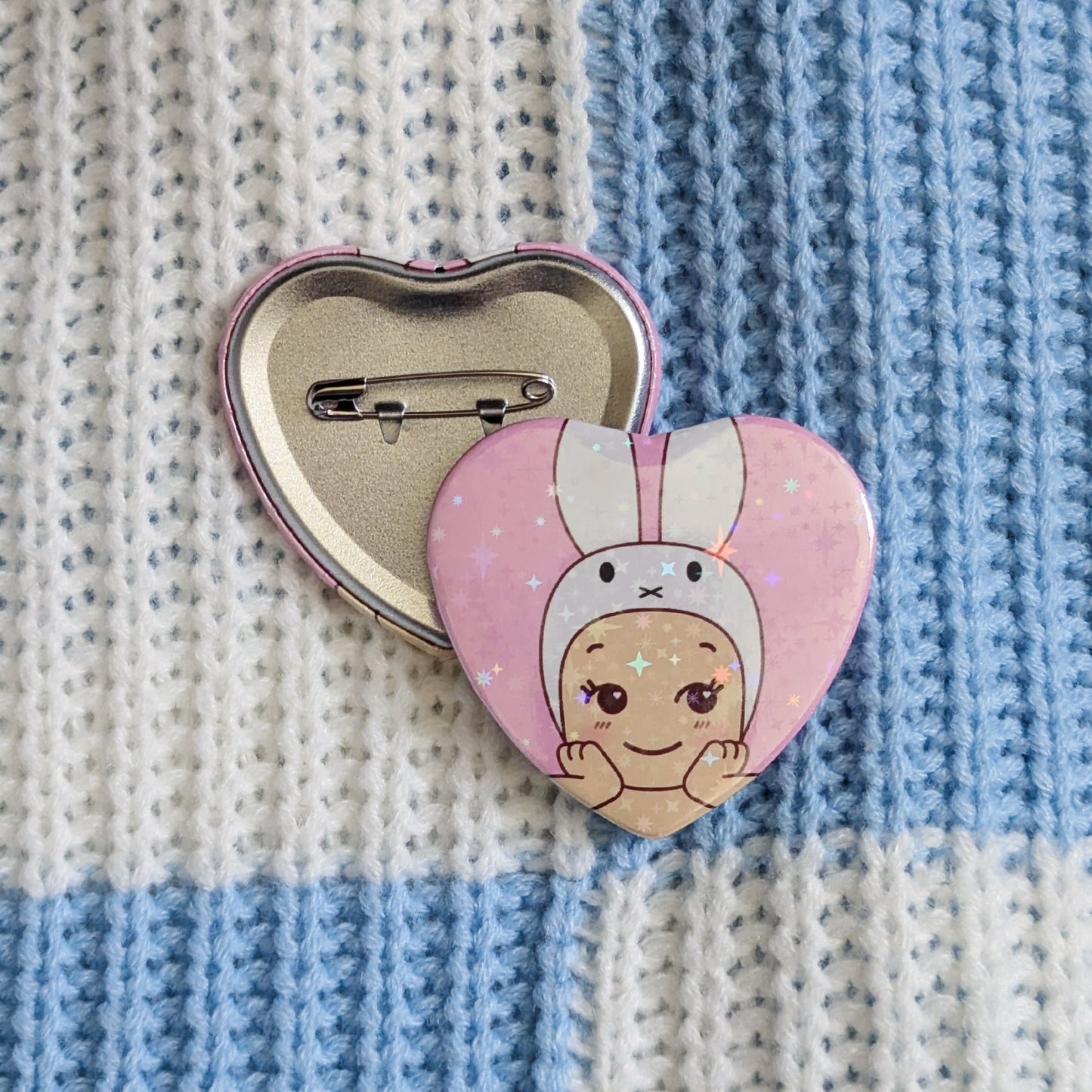 Kawaii White Bunny Baby Sparkle Heart Button