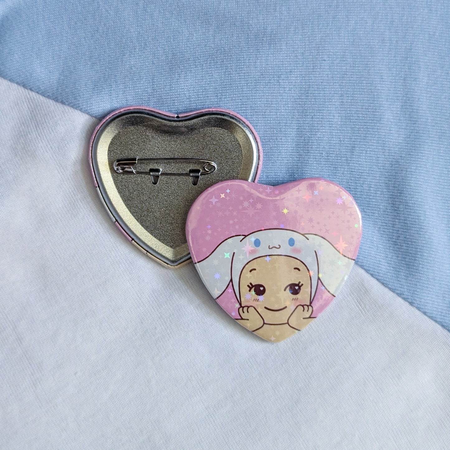 Kawaii White Cinnamon Dog Baby Sparkle Heart Button