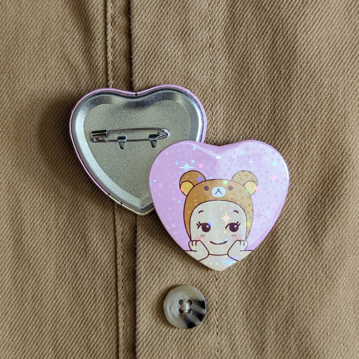 Kawaii Bear Baby Sparkle Heart Button