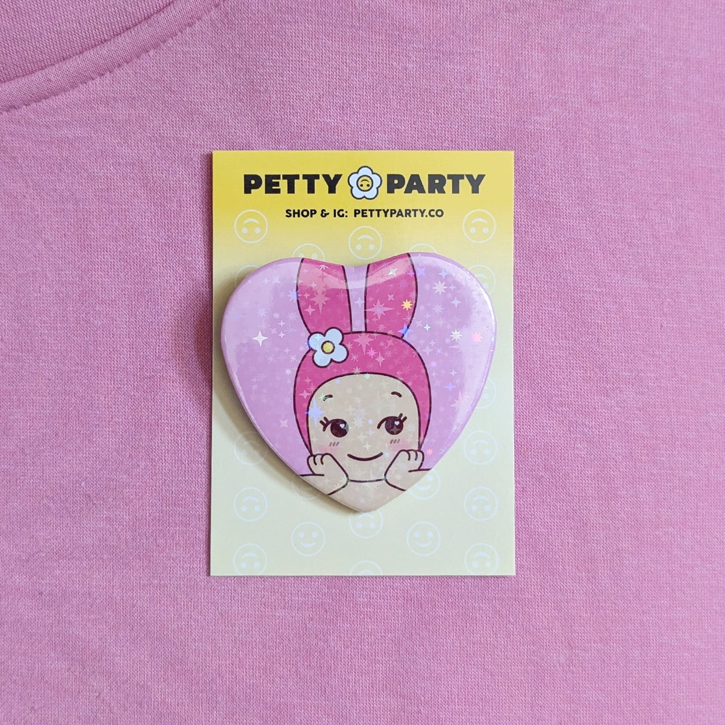 Pink Bunny Melo Baby Sparkle Heart Button
