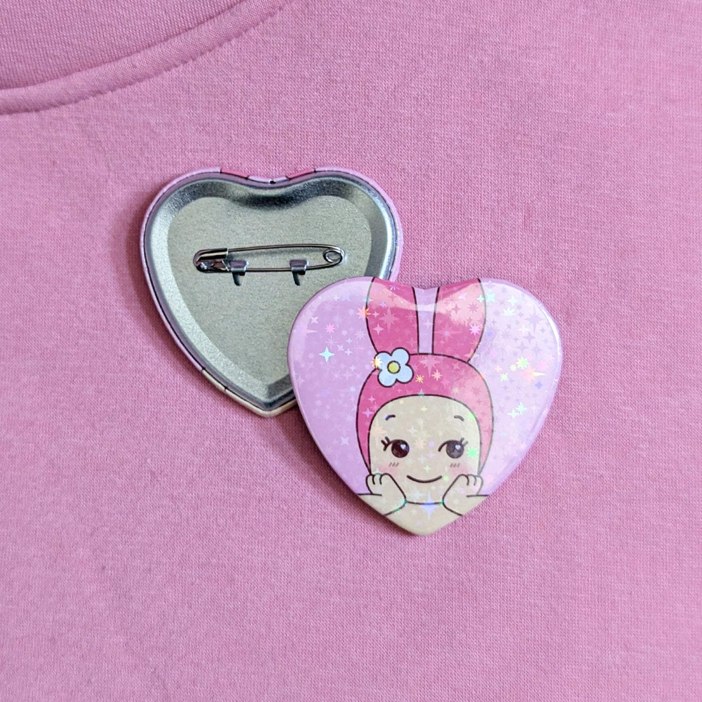 Pink Bunny Melo Baby Sparkle Heart Button